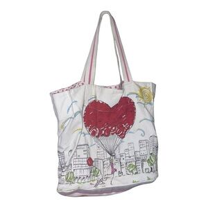 Brighton White Canvas Tote with Red Heart Graphic and Pink Accents